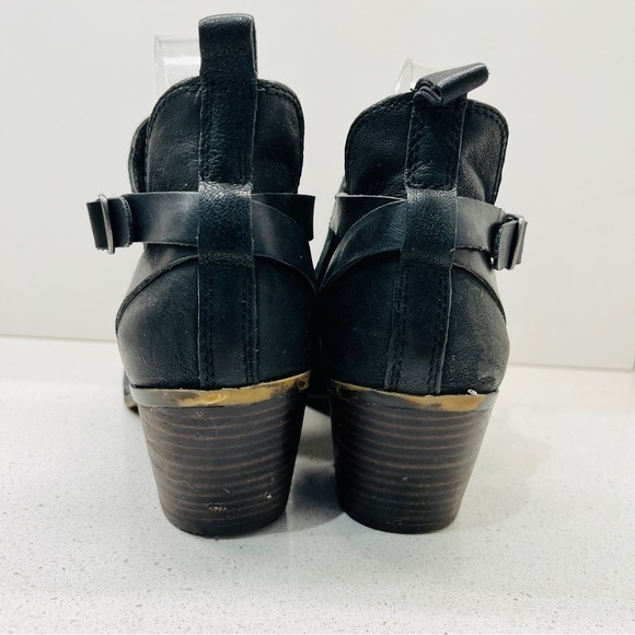 Lucky Brand Banu Cutout Booties  Leather Black Peep Toe Block Stacked Heel Sz 10 - Picture 11 of 16